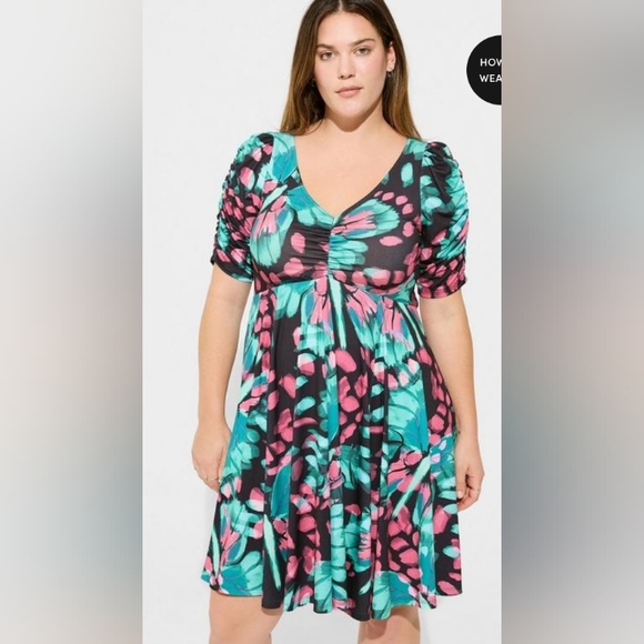 New Torrid 00X/M(10) Mini Studio Knit Cinch Front Skater Dress- Butterfly Print - Picture 3 of 4